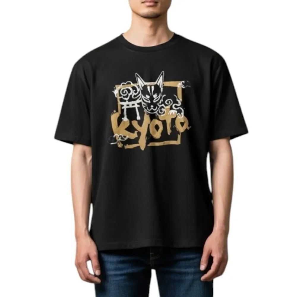 ​Fujiki Yuzenkata Kyoto Japan Kitsune Fox Mask Navy & Gold Graphic Tee Size L